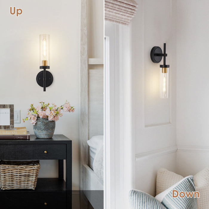 Set of 2 Modern Black & Gold Wall Sconces - Clear Glass Shades.