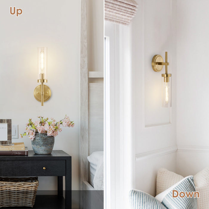 Set of 2 Modern Brushed Gold Wall Sconces - Clear Glass Shades