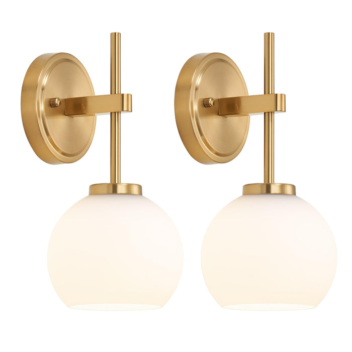 SantoStock Gold Battery Operated Wall Sconce Set of 2, Wireless Rechargeable Sconces Wall Lighting with Remote Control, LED Dimmable Wall Lights with Opal White Glass Shade, 12 Colors RGB & 3 CCT Bulb