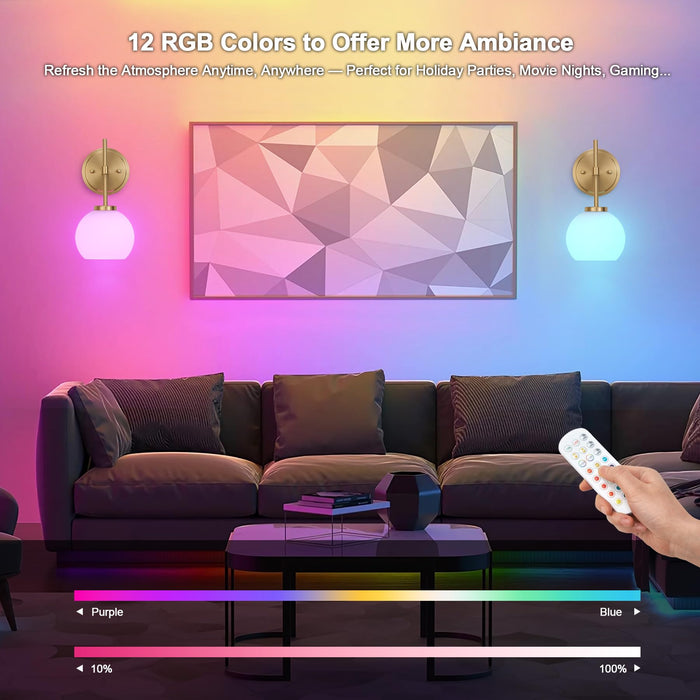 SantoStock Gold Battery Operated Wall Sconce Set of 2, Wireless Rechargeable Sconces Wall Lighting with Remote Control, LED Dimmable Wall Lights with Opal White Glass Shade, 12 Colors RGB & 3 CCT Bulb