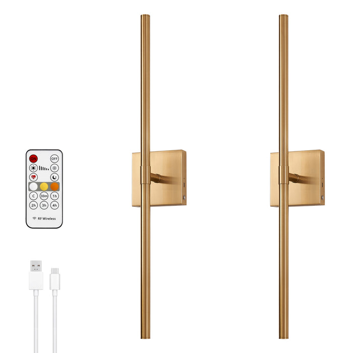 Dimmable Battery Operated Gold LED Wall Sconces Set of 2 with Remote Control