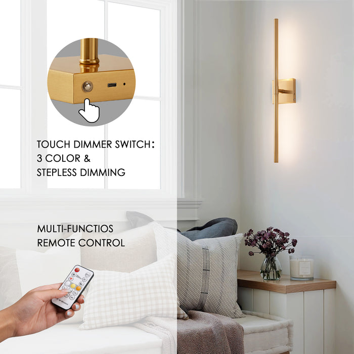 Dimmable Battery Operated Gold LED Wall Sconces Set of 2 with Remote Control