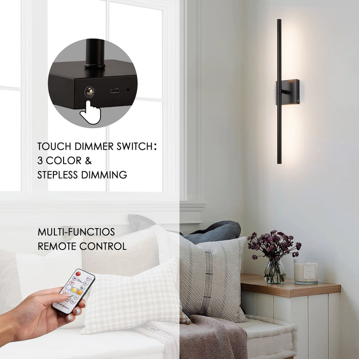 Dimmable Battery Operated Black LED Wall Sconces Set of 2 with Remote Control