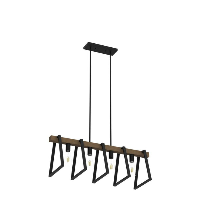 Farmhouse 4-Light Linear Chandelier - Black & Warm Oak Wood.