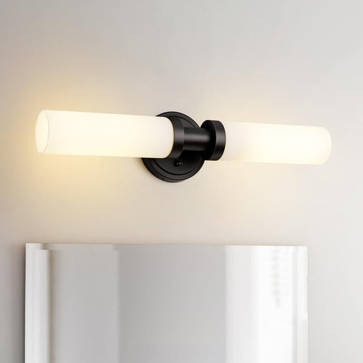 Modern Black 2-Light Wall Sconces - White Glass Shades.