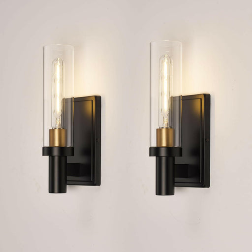 Set of 2 Modern Black/Gold Wall Sconces - Clear Glass Shade.