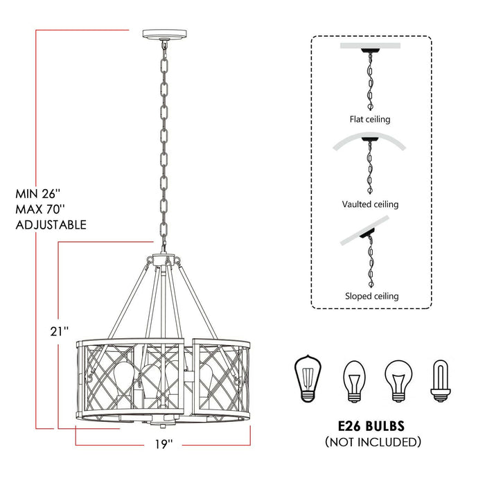 Adjustable 4-Light Farmhouse Chandelier - Black & White Oak.