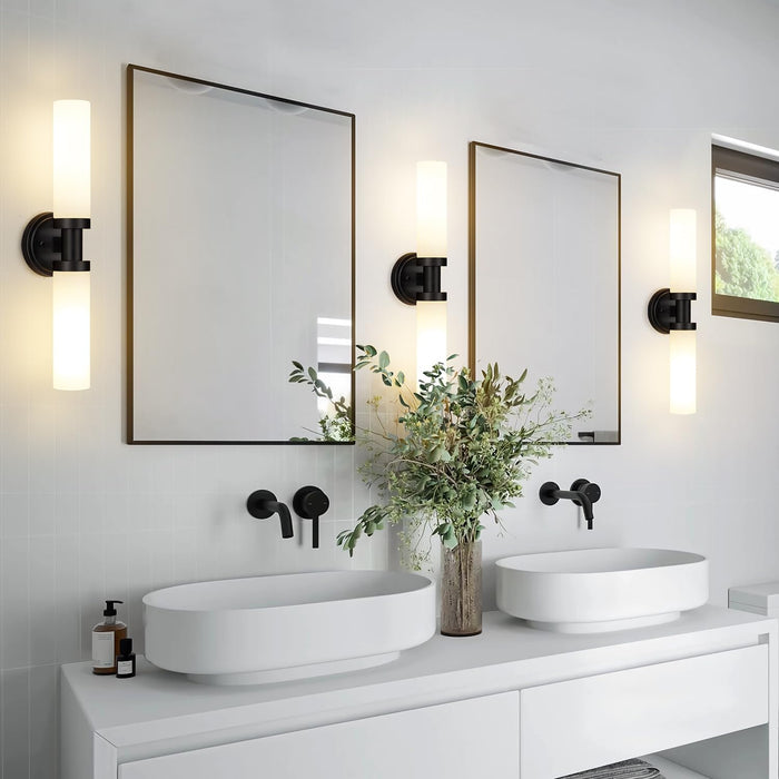 Modern Black 2-Light Wall Sconces - White Glass Shades.