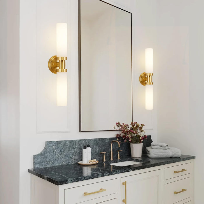 Modern Gold Vanity Lights - 2-Light Sconces with White Glass Shades.