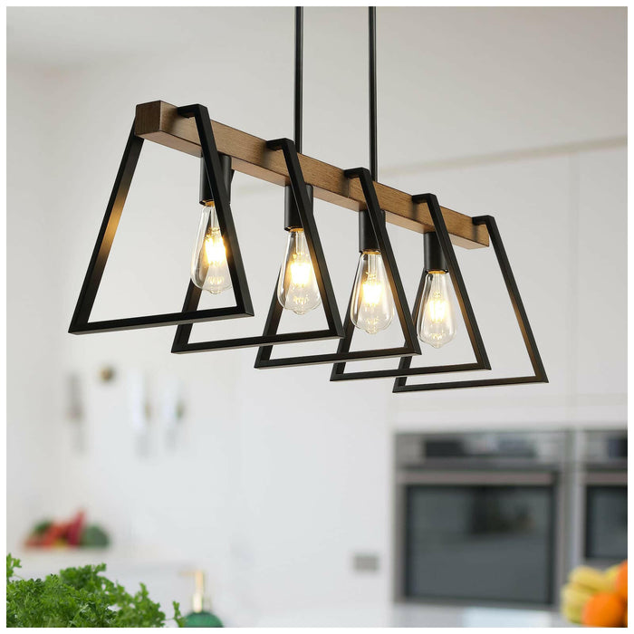 Farmhouse 4-Light Linear Chandelier - Black & Warm Oak Wood.