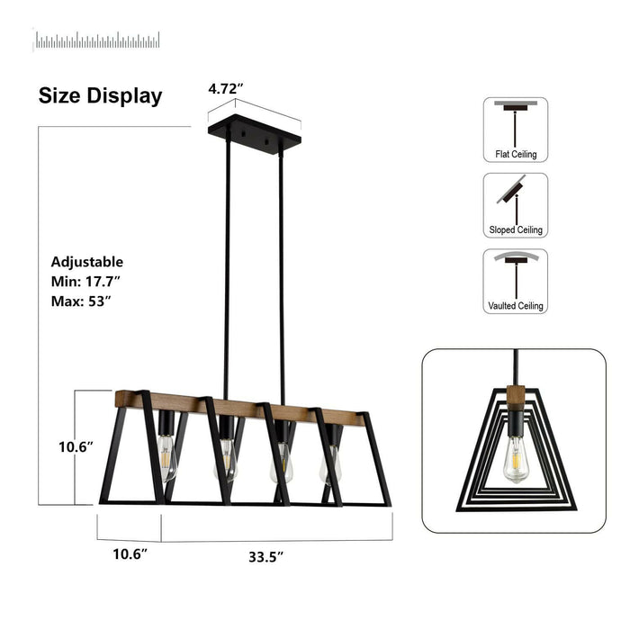 Farmhouse 4-Light Linear Chandelier - Black & Warm Oak Wood.