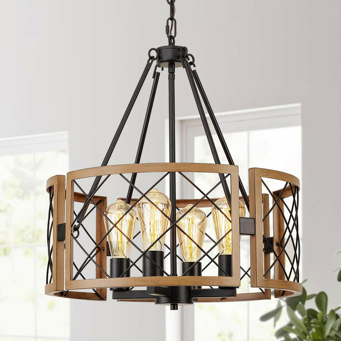 Adjustable 4-Light Farmhouse Chandelier - Black & White Oak.