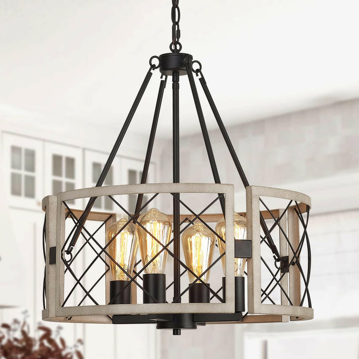 Adjustable 4-Light Farmhouse Chandelier - Black & White Oak.