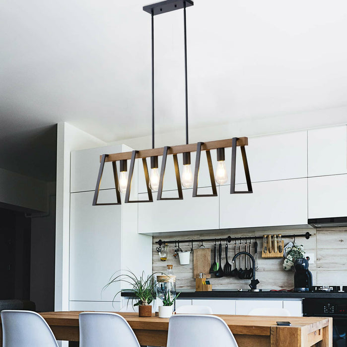 Farmhouse 4-Light Linear Chandelier - Black & Warm Oak Wood.