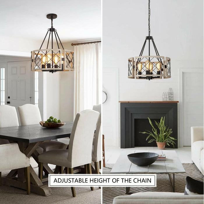 Adjustable 4-Light Farmhouse Chandelier - Black & White Oak.