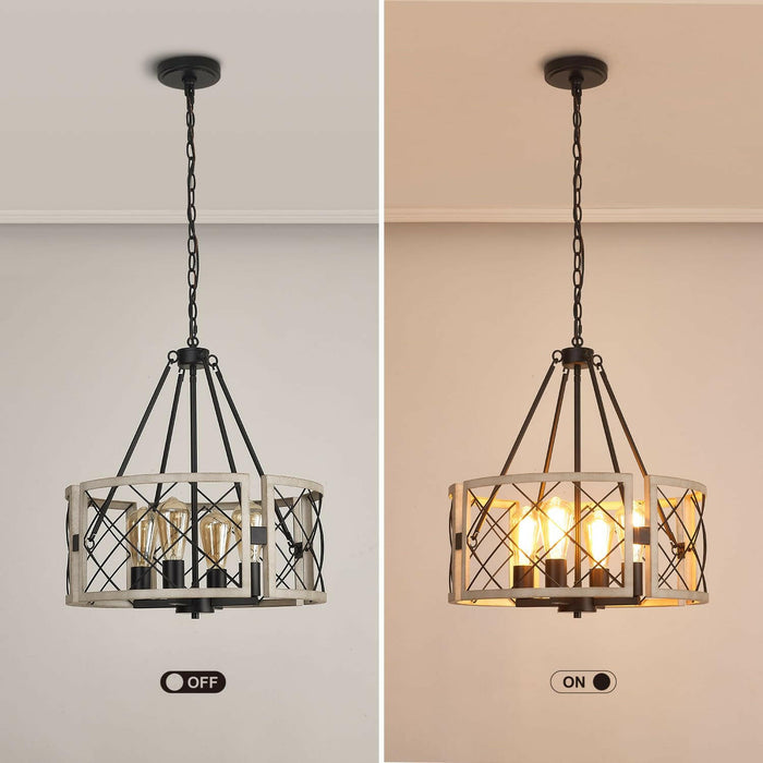 Adjustable 4-Light Farmhouse Chandelier - Black & White Oak.