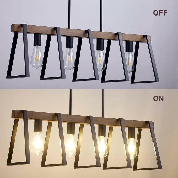 Farmhouse 4-Light Linear Chandelier - Black & Warm Oak Wood.