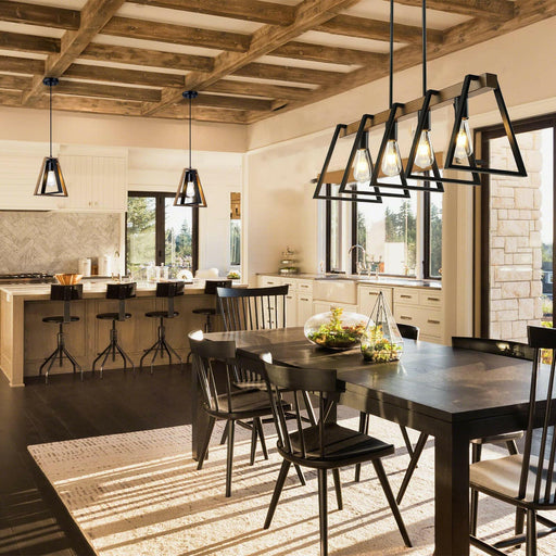 Farmhouse 4-Light Linear Chandelier - Black & Warm Oak Wood.