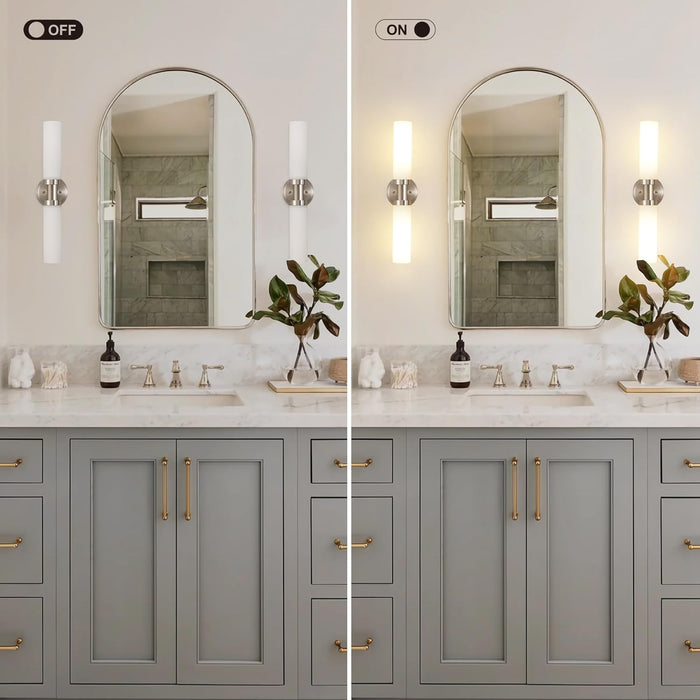 Brushed Nickel 2-Light Vanity Sconces - White Glass Shades