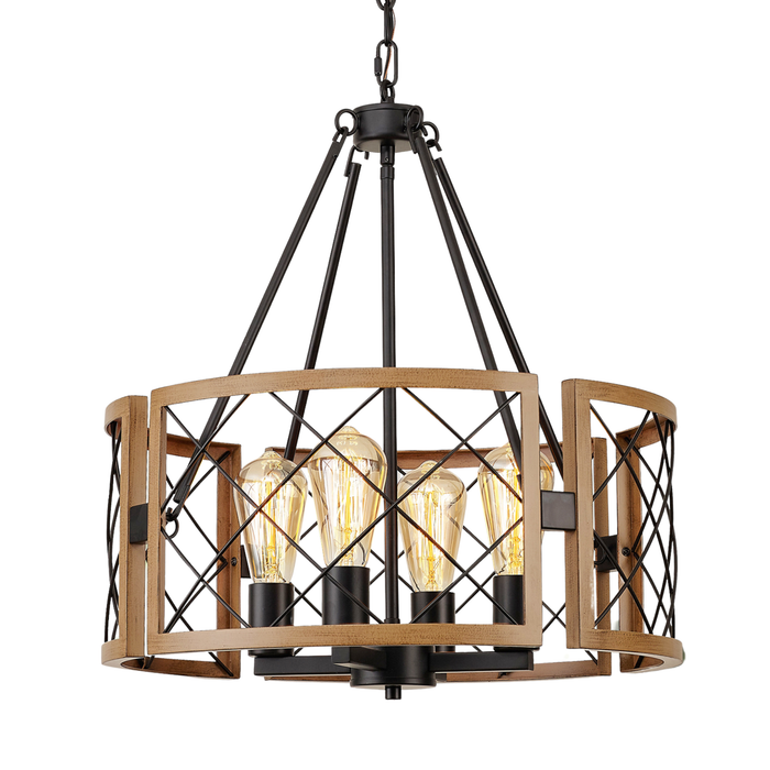 Vintage 4-Light Farmhouse Chandelier - Black & Dark Oak.