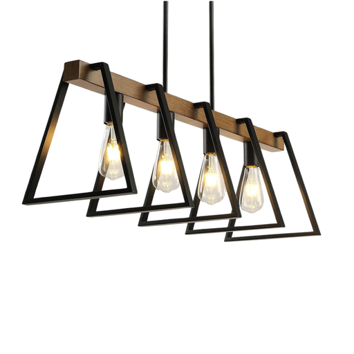 Farmhouse 4-Light Linear Chandelier - Black & Warm Oak Wood.