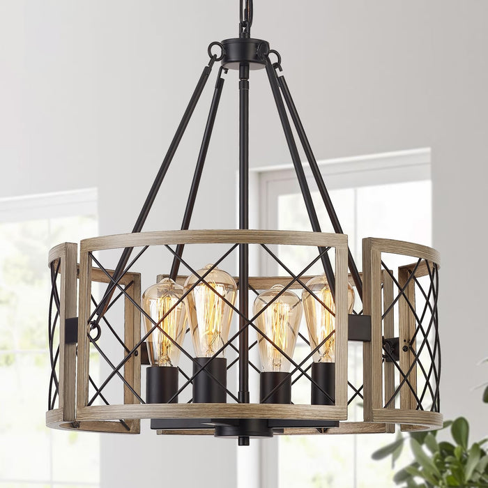 Vintage 4-Light Farmhouse Chandelier - Black & Dark Oak