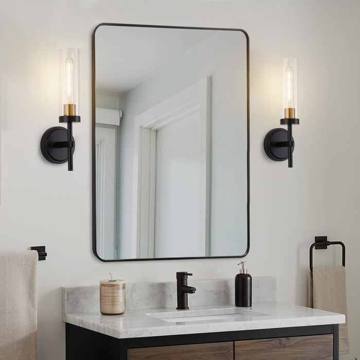 Set of 2 Modern Black & Gold Wall Sconces - Clear Glass Shades.