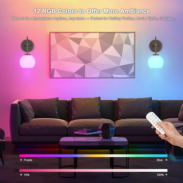 Oil Rubbed Bronze Wireless Rechargeable Wall Sconces Set of 2, Battery Operated Wall Lights with Remote Control, LED Dimmable Wall Lamp with Opal White Glass Shade, 12 Colors RGB & 3 CCT Bulb