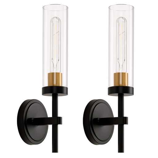 Set of 2 Modern Black & Gold Wall Sconces - Clear Glass Shades.