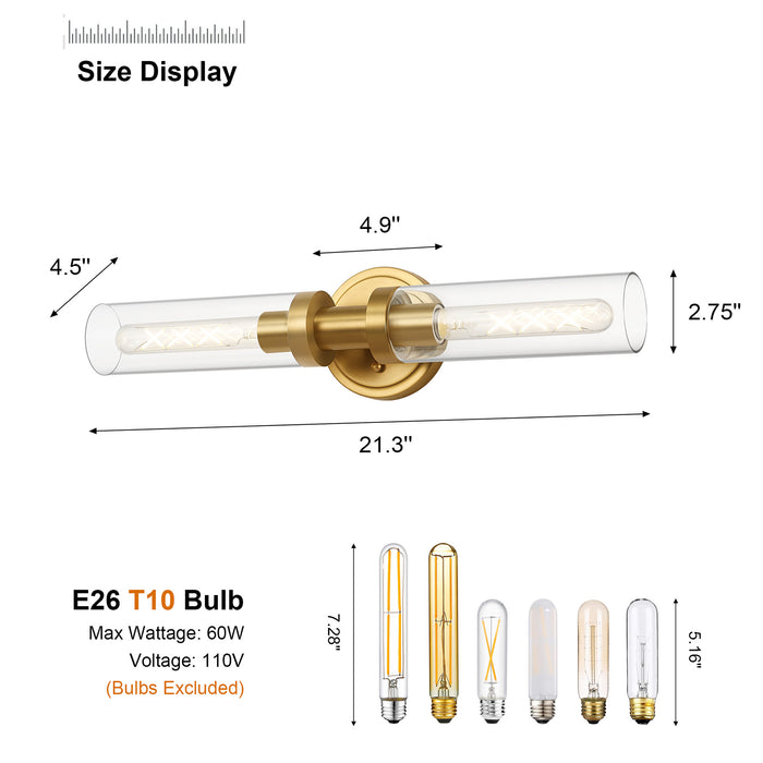 Modern 2-Light Brushed Gold Vanity Sconce - Clear Glass