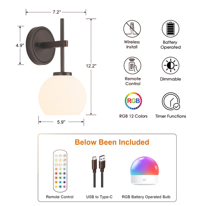 Oil Rubbed Bronze Wireless Rechargeable Wall Sconces Set of 2, Battery Operated Wall Lights with Remote Control, LED Dimmable Wall Lamp with Opal White Glass Shade, 12 Colors RGB & 3 CCT Bulb