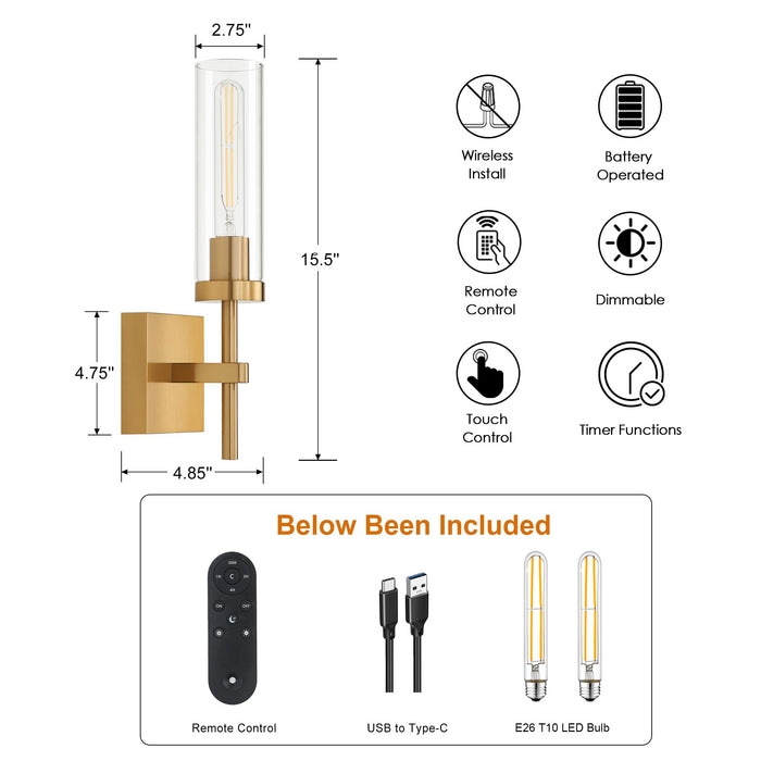 SantoStock Gold Battery Operated Wall Sconce Set of 2, Wireless Wall Sconces with Remote Control, Rechargeable LED Dimmable Wall Light for Bedroom Bathroom Hallway Living Room Entryway Stairwell, 3000K