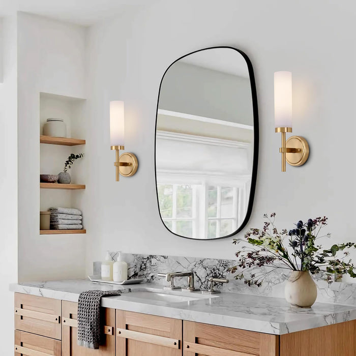 SantoStock Gold Bathroom Wall Sconces Set of 2, Modern Sconces Wall Lighting Vanity Light Fixtures with Opal White Glass Shade, Brushed Brass Wall Lights for Mirror Living Room Bedroom Hallway Kitchen Stairs