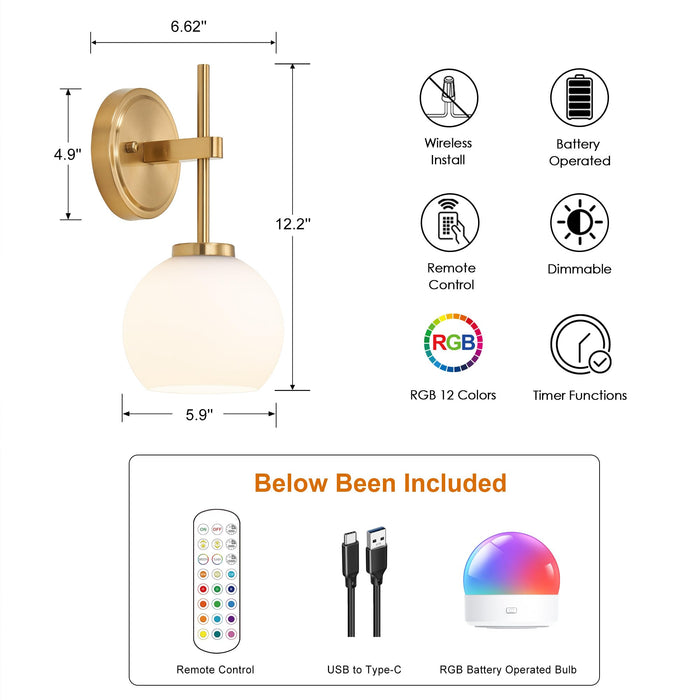SantoStock Gold Battery Operated Wall Sconce Set of 2, Wireless Rechargeable Sconces Wall Lighting with Remote Control, LED Dimmable Wall Lights with Opal White Glass Shade, 12 Colors RGB & 3 CCT Bulb