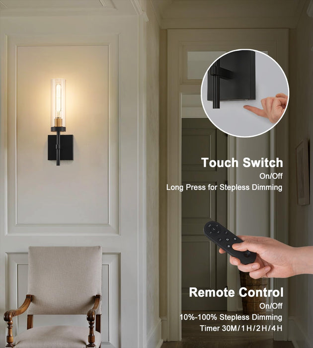 Wireless Wall Sconces with Remote Control, Battery Operated Wall Sconce Set of 2, Black & Gold Rechargeable Dimmable Wall Light for Bedroom Living Room Bathroom Hallway Entryway Stairwell, 3000K
