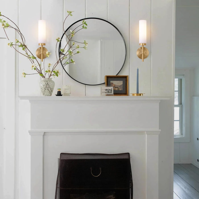 SantoStock Gold Bathroom Wall Sconces Set of 2, Modern Sconces Wall Lighting Vanity Light Fixtures with Opal White Glass Shade, Brushed Brass Wall Lights for Mirror Living Room Bedroom Hallway Kitchen Stairs