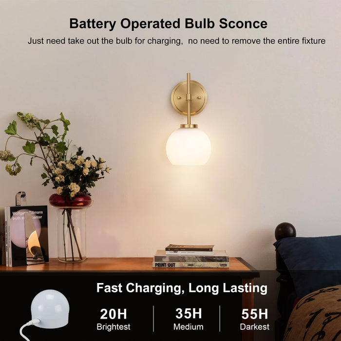 SantoStock Gold Battery Operated Wall Sconce Set of 2, Wireless Rechargeable Sconces Wall Lighting with Remote Control, LED Dimmable Wall Lights with Opal White Glass Shade, 12 Colors RGB & 3 CCT Bulb