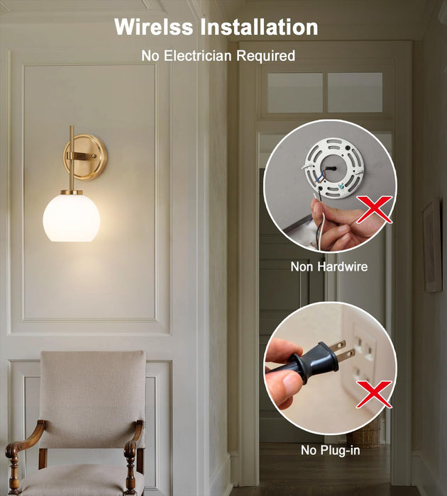 SantoStock Gold Battery Operated Wall Sconce Set of 2, Wireless Rechargeable Sconces Wall Lighting with Remote Control, LED Dimmable Wall Lights with Opal White Glass Shade, 12 Colors RGB & 3 CCT Bulb