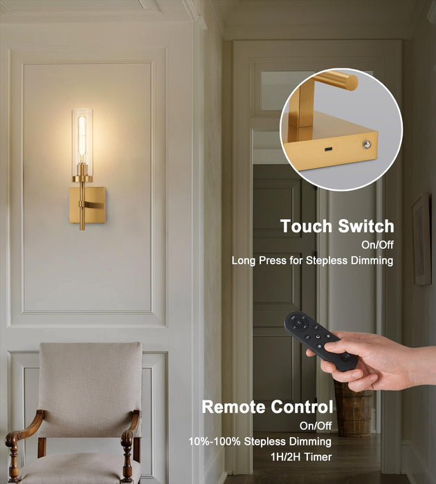 SantoStock Gold Battery Operated Wall Sconce Set of 2, Wireless Wall Sconces with Remote Control, Rechargeable LED Dimmable Wall Light for Bedroom Bathroom Hallway Living Room Entryway Stairwell, 3000K