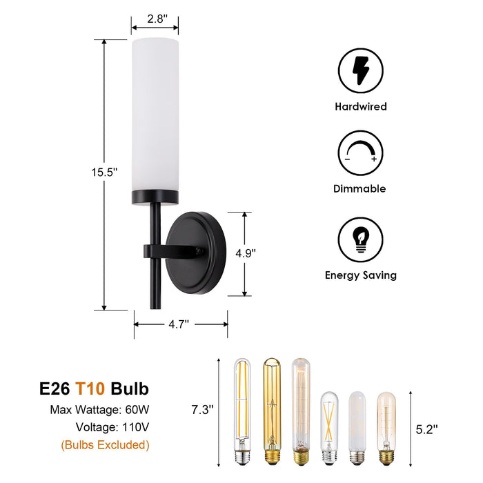 SantoStock Black Bathroom Wall Sconces Set of 2, Modern Sconces Wall Lighting Vanity Lights with Opal White Glass Shade, Farmhouse Wall Mount Lamp for Mirror Living Room Bedroom Hallway Kitchen Stairs