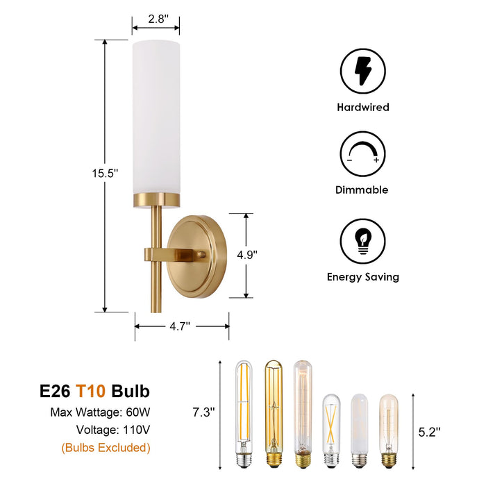 SantoStock Gold Bathroom Wall Sconces Set of 2, Modern Sconces Wall Lighting Vanity Light Fixtures with Opal White Glass Shade, Brushed Brass Wall Lights for Mirror Living Room Bedroom Hallway Kitchen Stairs