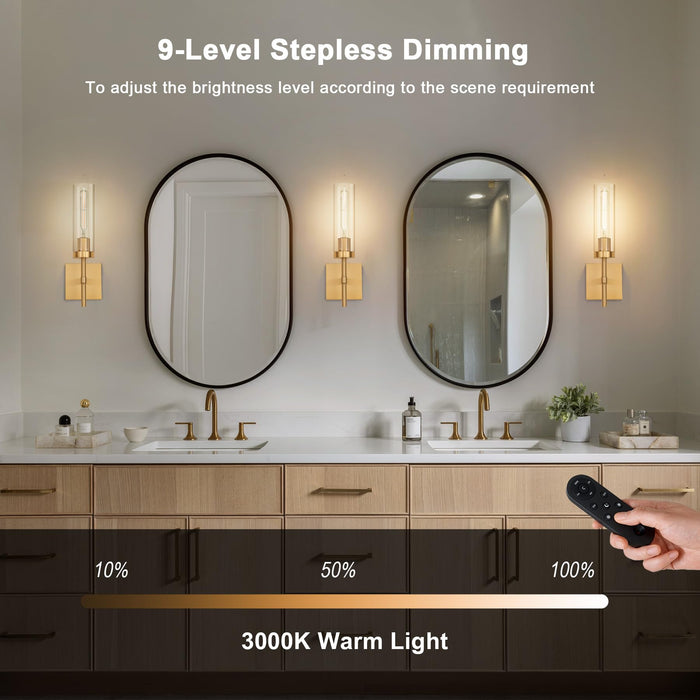 SantoStock Gold Battery Operated Wall Sconce Set of 2, Wireless Wall Sconces with Remote Control, Rechargeable LED Dimmable Wall Light for Bedroom Bathroom Hallway Living Room Entryway Stairwell, 3000K