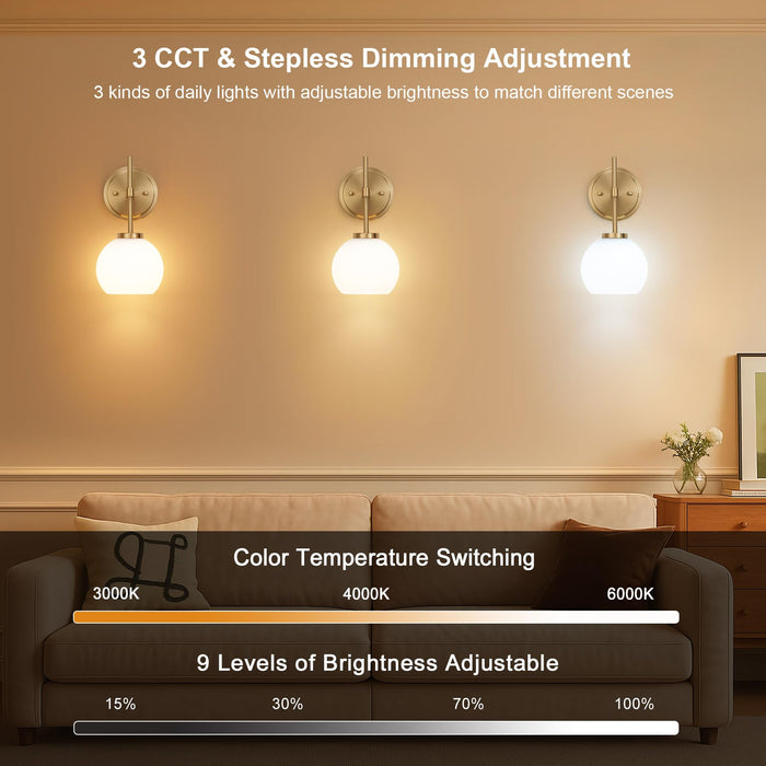 SantoStock Gold Battery Operated Wall Sconce Set of 2, Wireless Rechargeable Sconces Wall Lighting with Remote Control, LED Dimmable Wall Lights with Opal White Glass Shade, 12 Colors RGB & 3 CCT Bulb