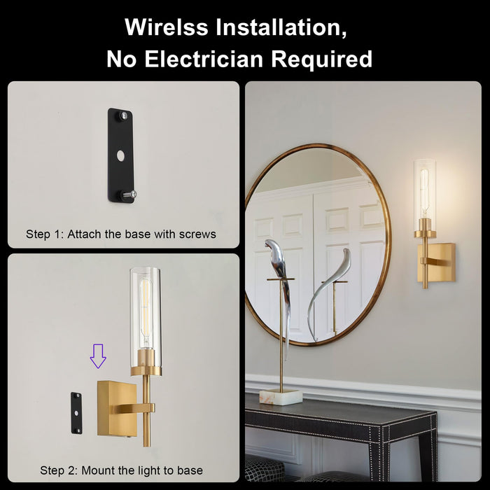 SantoStock Gold Battery Operated Wall Sconce Set of 2, Wireless Wall Sconces with Remote Control, Rechargeable LED Dimmable Wall Light for Bedroom Bathroom Hallway Living Room Entryway Stairwell, 3000K