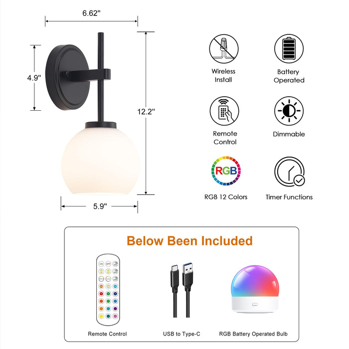 SantoStock Black Wireless Rechargeable Wall Sconces with Remote Control, Battery Operated Wall Sconce Set of 2, LED Dimmable Wall Lights with Opal White Glass Shade, 12 Colors RGB & 3 CCT Bulb