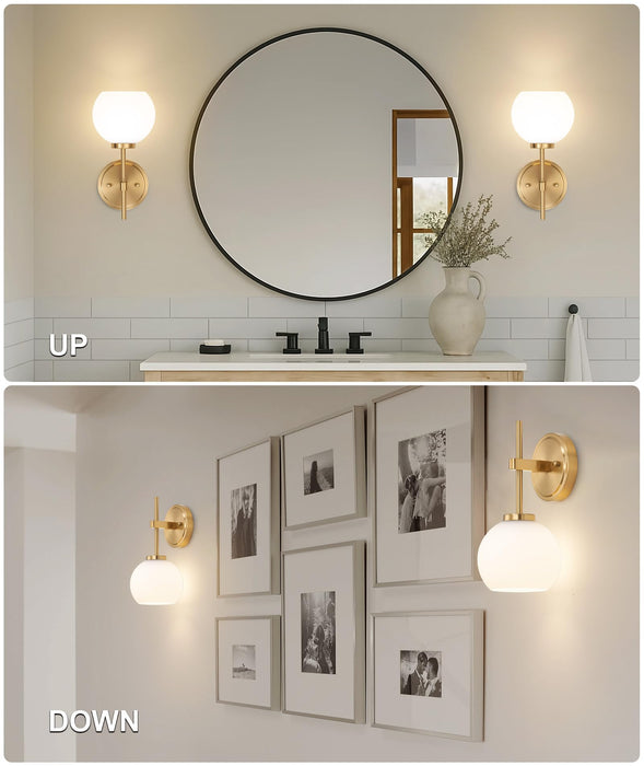 SantoStock Gold Battery Operated Wall Sconce Set of 2, Wireless Rechargeable Sconces Wall Lighting with Remote Control, LED Dimmable Wall Lights with Opal White Glass Shade, 12 Colors RGB & 3 CCT Bulb