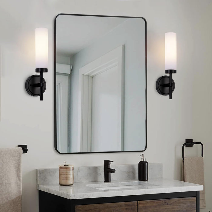 SantoStock Black Bathroom Wall Sconces Set of 2, Modern Sconces Wall Lighting Vanity Lights with Opal White Glass Shade, Farmhouse Wall Mount Lamp for Mirror Living Room Bedroom Hallway Kitchen Stairs