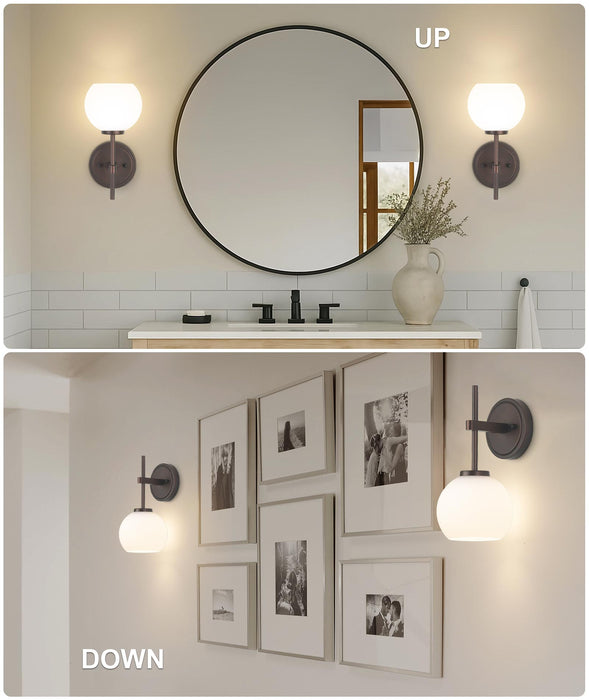 Oil Rubbed Bronze Wireless Rechargeable Wall Sconces Set of 2, Battery Operated Wall Lights with Remote Control, LED Dimmable Wall Lamp with Opal White Glass Shade, 12 Colors RGB & 3 CCT Bulb