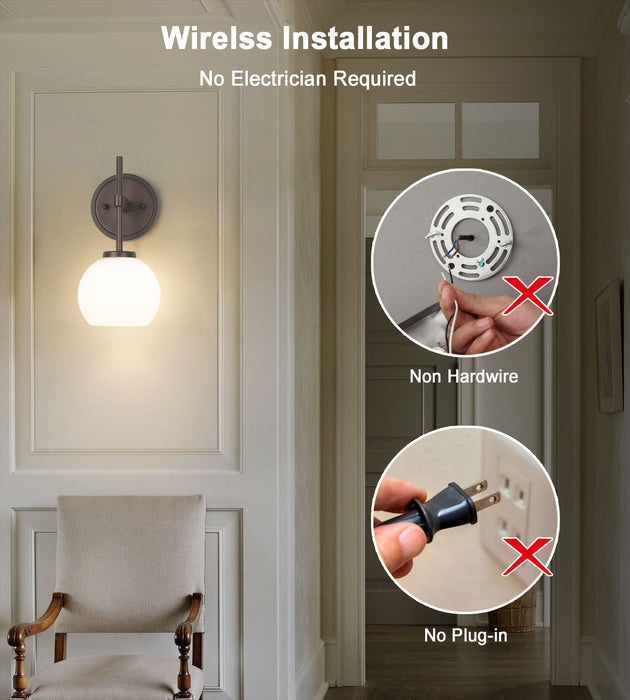 Oil Rubbed Bronze Wireless Rechargeable Wall Sconces Set of 2, Battery Operated Wall Lights with Remote Control, LED Dimmable Wall Lamp with Opal White Glass Shade, 12 Colors RGB & 3 CCT Bulb