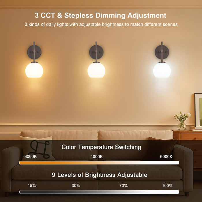 Oil Rubbed Bronze Wireless Rechargeable Wall Sconces Set of 2, Battery Operated Wall Lights with Remote Control, LED Dimmable Wall Lamp with Opal White Glass Shade, 12 Colors RGB & 3 CCT Bulb